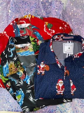 1369-ALOHAS Navy Santa Print Button-Down Shirt-3 Lot